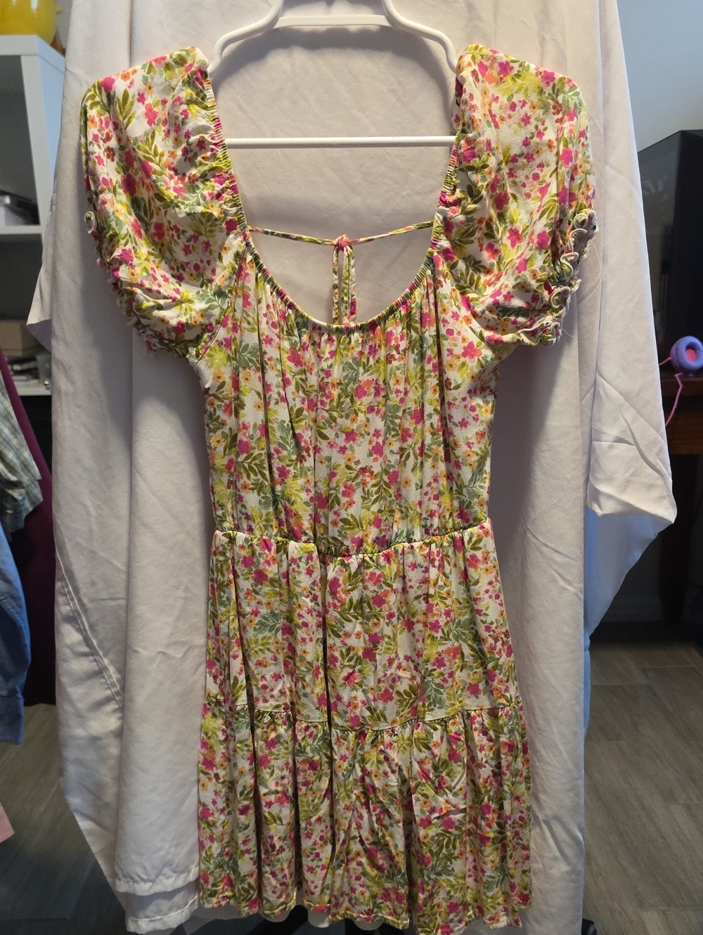 Altar'd State Pink & Green Floral Puff-Sleeve Tiered Mini Dress